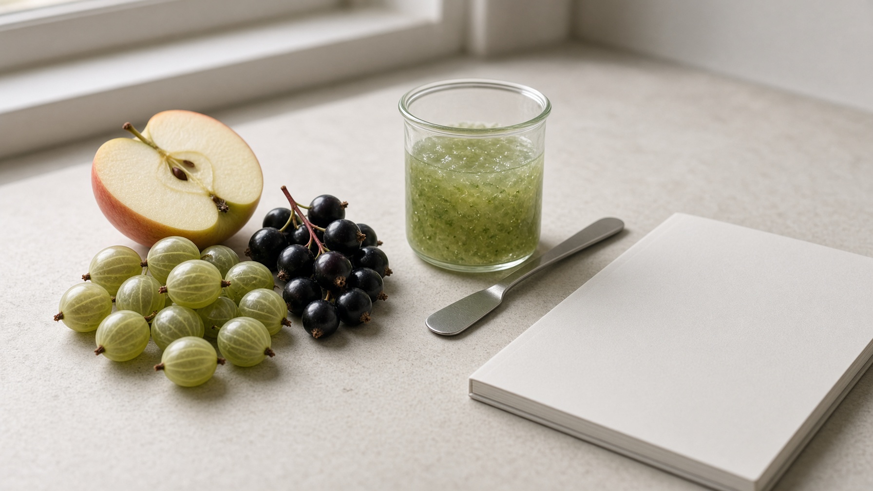 Äpple, krusbär och svartvinbär bredvid en bägare med klar gel