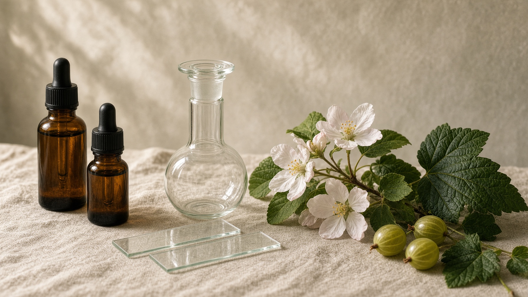 Glaskärl med botaniska oljor och en diffusionscell på laboratoriebänk